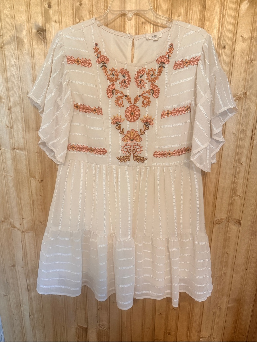 Entro for Anthropologie Cream Embroidered Boho  Mini Dress Flutter Sleeve Size S